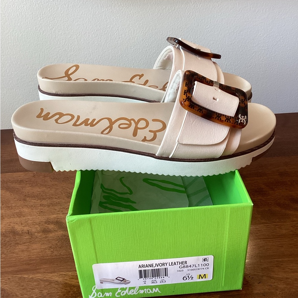 Sam Edelman Ivory Slide Sandals with Tortoiseshell Buckle. $22 firm.